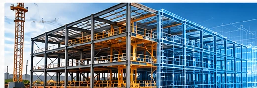 Structural steel building frame transitioning into 3D CAD model